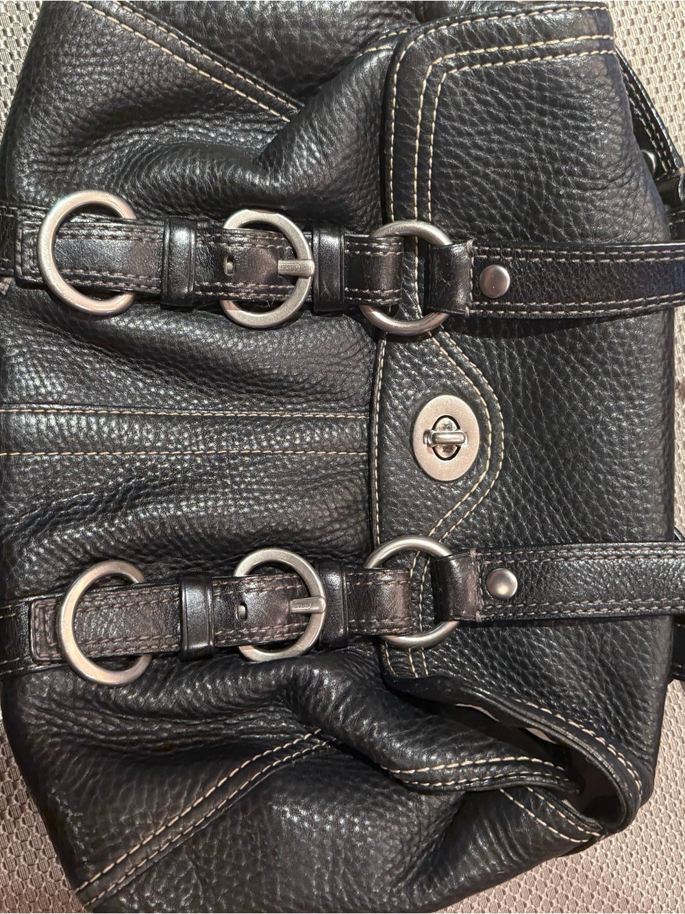 Black Leather Coach Women's Y2K Shoulder Bag with Decorative Buckles